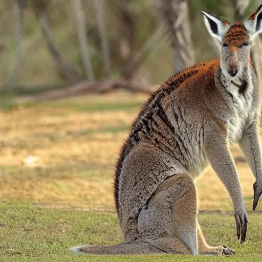 Prompt: a bearded kangaroo with tiger stripes
