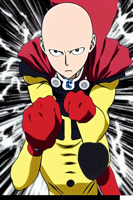 Prompt: baking saitama one punch man, with french baguette, anime artwork