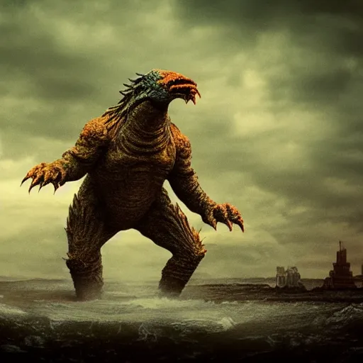 Image similar to low resolution filmstill of a kaiju monster