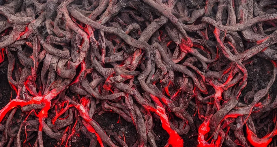 Image similar to a volcano made of ivory vines and crimson rocks enters in eruption, it spits a smoke in the shape of demonic eye, by Alyssa Monks