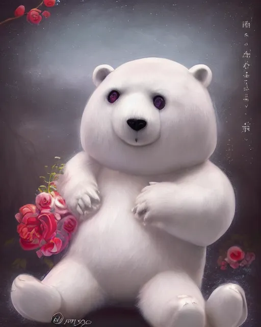 Image similar to cute porcelain ice bear doll, mark ryden style, vivid colors, high details, cinematic, 8 k resolution, beautiful detailed, photorealistic, digital painting, dark atmosphere, artstation, concept art, smooth, sharp focus, illustration, fantasy background, artstation trending, octane render, unreal engine