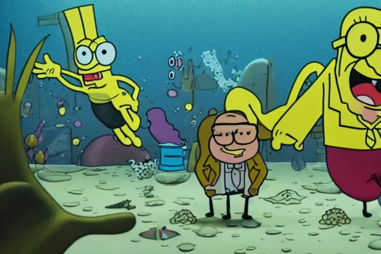 Prompt: walter white in spongebob squarepants, film still, underwater, hyperrealistic, dramatic lighting,