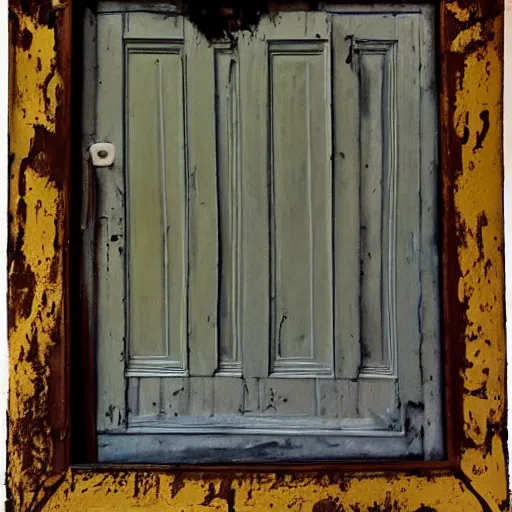 Image similar to a scary painting of a door in an moldy dusty frame