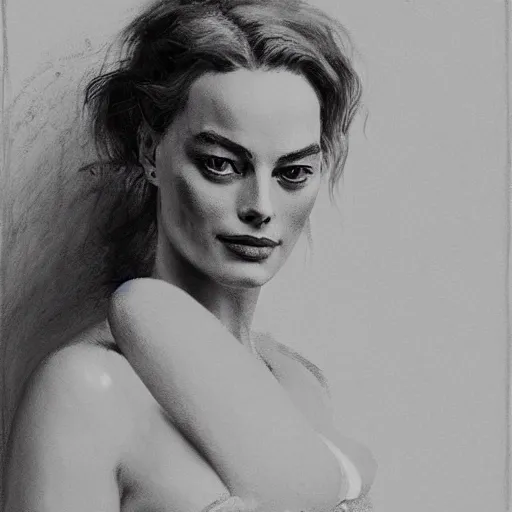 Image similar to portrait of Margot Robbie, antebellum dress, b&w shading, by Ilya Repin, and Greg Rutkowski