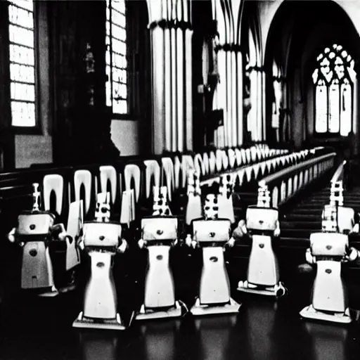 Image similar to Robots from the 1950s praying in pews in a cathedral church