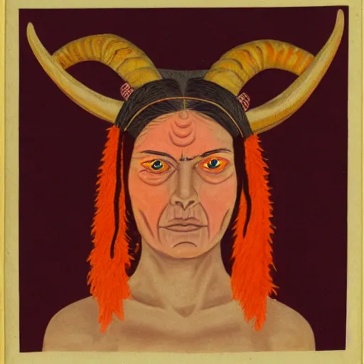 Image similar to illustrated portrait of ugly ram-horned woman with orange skin