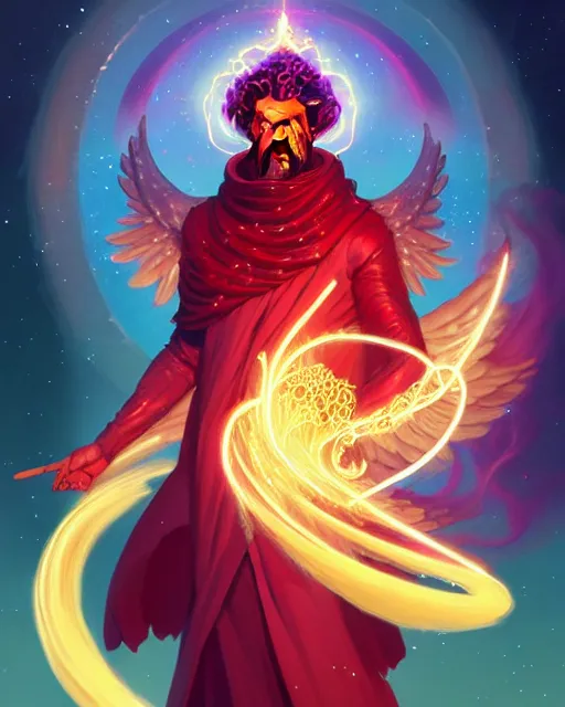 Prompt: a character portrait of only one male angel of justice with golden fiery wings, surrounded with spiriling sparkling rose crystals and galaxies, by peter mohrbacher, hyper light drifter, by ilya kuvshinov katsuhiro, jim burns, greg rutkowski, trending on artstation