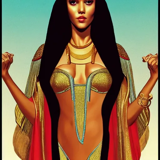 Prompt: Jessica alba as Cleopatra, Queen of the Nile, fresh from a purity bath filled with her servants, with perfect skin, radiant complexion, in only a light silk robe and adorned with Egyptian gold, highly detailed, digital painting, artstation, concept art, smooth, sharp focus, illustration, art by Alberto Vargas in the style of Patrick Nagel