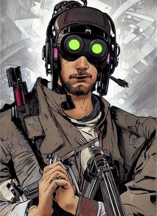 Prompt: cyberpunk hot dog salesman. portrait by ashley wood and alphonse mucha and laurie greasley and josan gonzalez and james gurney. splinter cell, apex legends, rb 6 s, hl 2, d & d, cyberpunk 2 0 7 7. realistic face. character clothing. vivid color. dystopian setting.