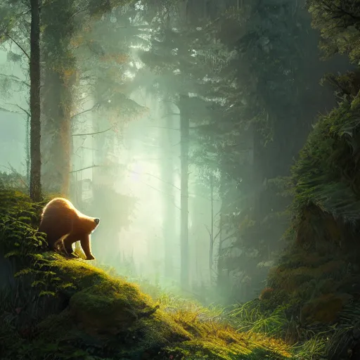 Prompt: a realistic fearful bear, beautiful, proportionate, atmosphere, vibe, forest, fern, flowers, concept art illustration, color page, tone mapping, james jean, andrei riabovitchev, marc simonetti, digital illustration, greg rutowski, volumetric lighting, sunbeams, particles
