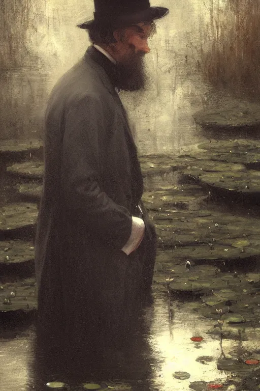 Image similar to detailed cinematic moody colors studio portrait of a victorian gentleman in a victorian pond, water lilies, high quality by jeremy mann, only one head single portrait