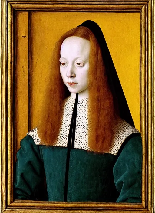 Prompt: half - length portrait of young woman in medieval dress, art by jan van eyck,