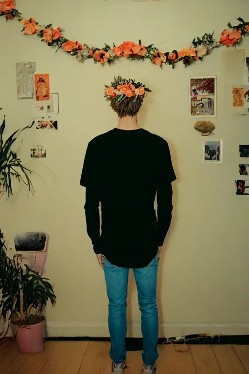 Image similar to agfa vista 4 0 0 photograph of a skinny blonde guy standing in a cluttered 9 0 s bedroom, flower crown, back view, grain, moody lighting, moody vibe, telephoto, 9 0 s vibe, blurry background, vaporwave colors!, faded!,