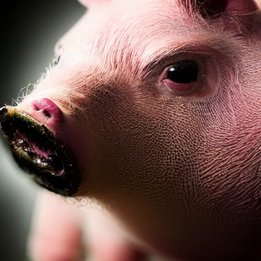 Image similar to photorealistic closeup portrait of pig, art photography, horror, sigma 5 0 mm, f 1. 8, insane details, hyper realistic, 8 k, full figure poster, volumetric lighting, very detailed face, 4 k, award winning