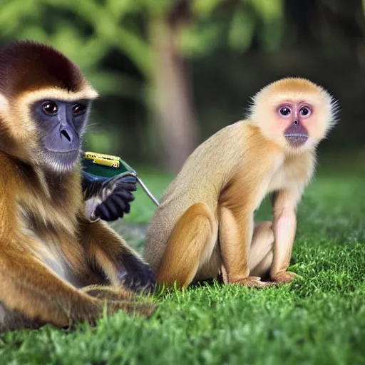 Prompt: capuchin monkey grooming golden retriever, picking lice meticulously