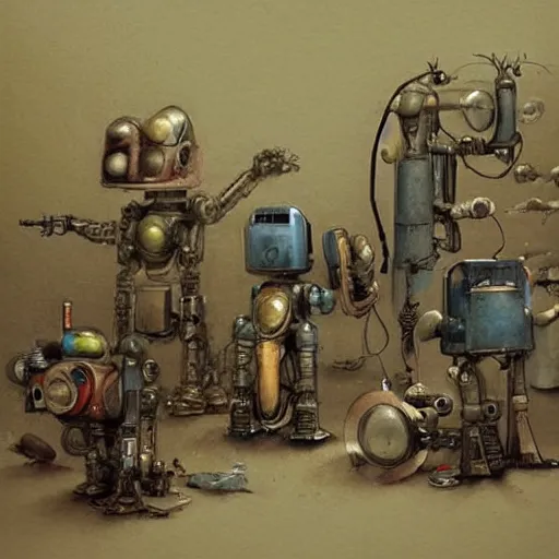 Prompt: cluttered inventors workshop full of robots . muted colors. by Jean-Baptiste Monge !!!!!!!!!!!!!!!!!!!!!!!!!!!