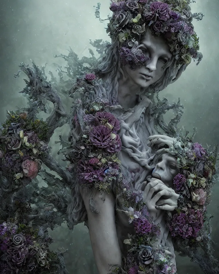 Prompt: portrait of a gothic cemetery statue made of mist and flowers, cosmic horror, mutating into mist, dramatic lightning, Andrew Ferez, Charlie Bowater, Marco Mazzoni, Seb McKinnon, Ryohei Hase, Alberto Seveso, Kim Keever, trending on cgsociety, featured on zbrush central, new sculpture, mystical