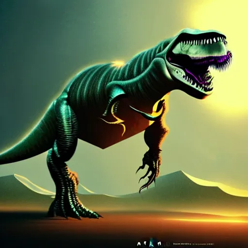Prompt: a t-rex fused with an alien in an untamed planet:: sci-fi art:: digital art:: illustration:: trending on artstation