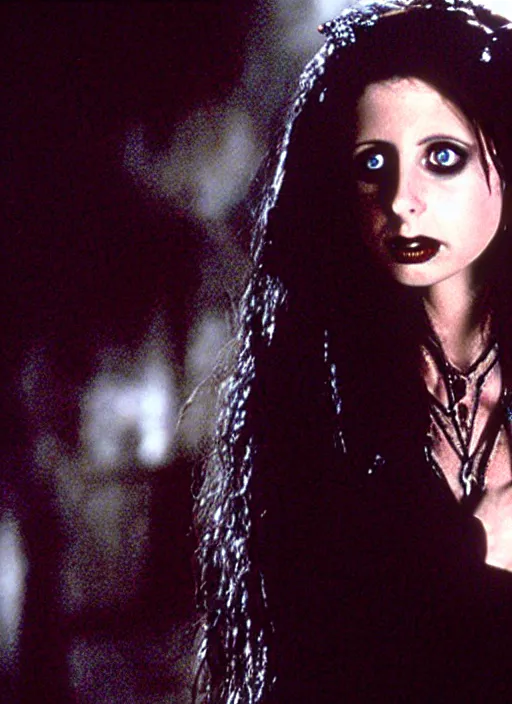 Image similar to film still of sarah gellar as a gothic vampire in the movie the lost boys