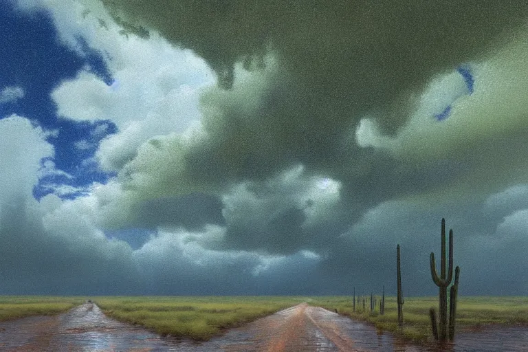 Prompt: a stormy monsoon rainstorm in the arizona desert, the landscape is mostly green with lots of mesquite trees and bushes, puddles, beautiful cloudy deep blue sky, by georgia o'keeffe and thomas kinkade and quentin mabille and geoffroy thoorens, trending on artstation.