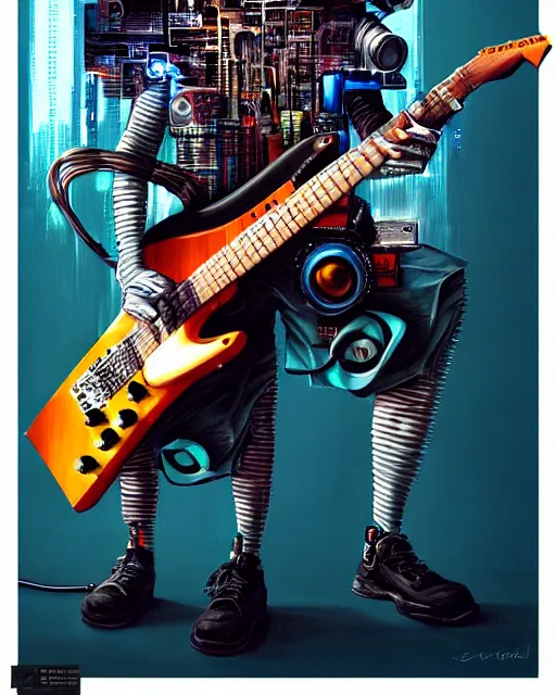 Image similar to a portrait of an anthropomorphic cyberpunk woolf shredding an electric guitar by sandra chevrier, by jon foster, detailed render, tape deck, epic composition, cybernetics, 4 k realistic, cryengine, realistic shaded lighting, sharp focus, masterpiece, by enki bilal