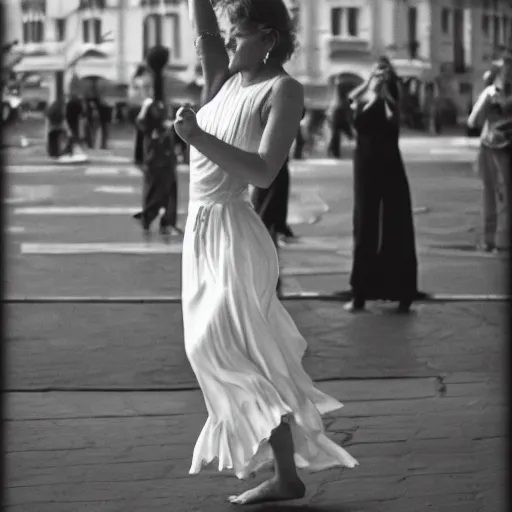 Prompt: beautiful woman is dancing into circle of fire, realism, photo-realism, hyper-realism, photo by Anton Corbjin, leica 35mm