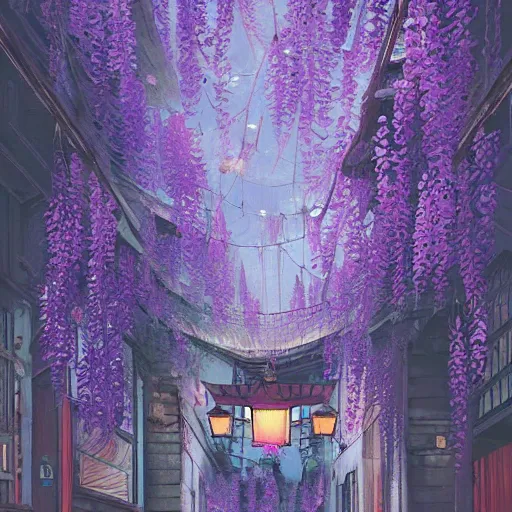 Image similar to japanese wisteria alley lanterns glow at night, vivid color, highly detailed, digital painting, artstation, concept art, matte, sharp focus, impressionnisme, art by james jean