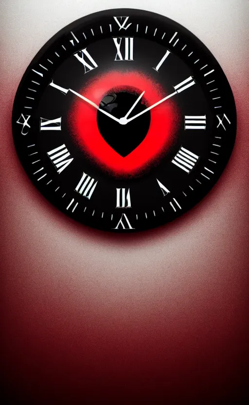 Image similar to a melting Roman numeral clock, behind a red and black gradient background, awith a black heart shaped on the top left corner and a black diamond card shape in the bottom right corner, dynamic lighting, photorealistic fantasy concept art, trending on art station, stunning visuals, cinematic, creative, ultra detailed