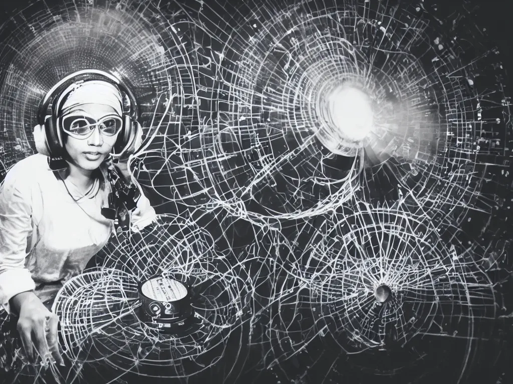 Image similar to an indian woman wearing goggles and visor and headphones using a retro record player contraption, microphone, speakers, turntablism dj scratching, screens, smoky atmosphere, intricate planetary gears, cinematic, imax, sharp focus, leds, bokeh, iridescent, black light, fog machine, hazy, lasers, hologram, hyper color digital art