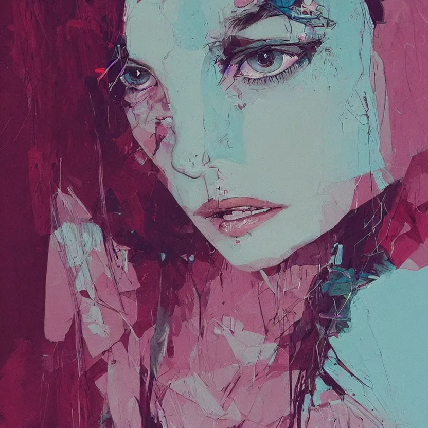 Prompt: close up portrait painting of a female dressed in nineties street styling, concept art, intricate details, highly detailed, aesthetically pleasing pastel colors, art by conrad roset