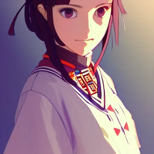 Image similar to a beautiful! boyish! natalie portman model, wearing catholic school girl outfit with mayan pattern and native style, jrpg aztec street fashion, gapmoe yandere grimdark, trending on pixiv fanbox, painted by greg rutkowski makoto shinkai takashi takeuchi studio ghibli, akihiko yoshida