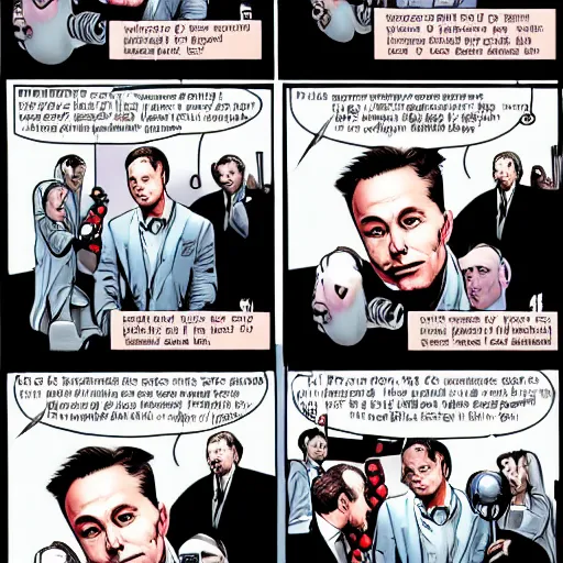 Prompt: elon musk's brain fracturing as he is killed by artificial intelligence he himself created, masterpiece comic book art