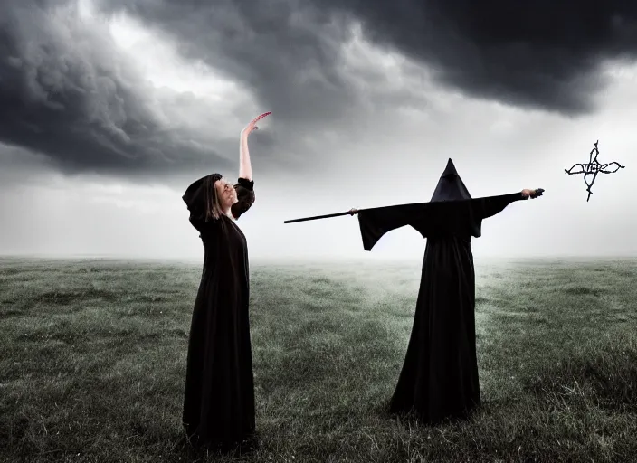 Image similar to stunning occult priestess casting spell, stormy sky