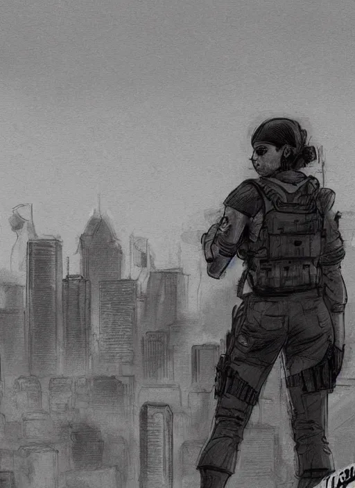 Image similar to Dinah. USN special forces operator looking at city skyline. mgs and rb6s Concept art by Matt Rhodes.