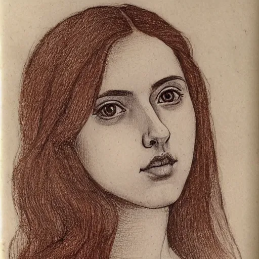 Prompt: a finished, detailed portrait drawing with reddish brown ink on parchment of a very young italian woman resembling scarlett johansson and ana de armas, by leonardo davinci in davinci's style from one of his notebooks