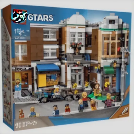 Image similar to Box art for a LEGO set of a gang confrontation in the streets