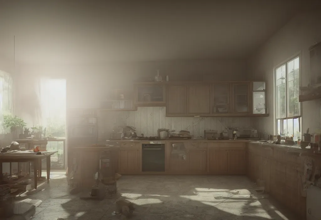 Image similar to kodak portra 4 0 0 photographic and realistic, 7 0's kitchen, detailed, octane render, unreal engine, 4 k, artstation, hyper realistic, wide angle, 3 5 mm, sharp focus, soft light, volumetric light fog, in the style of gregory crewdson