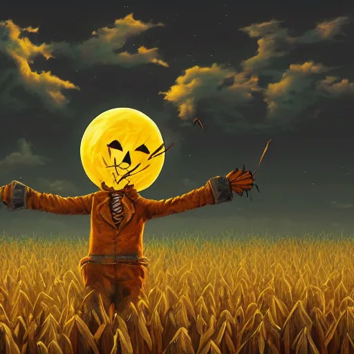 Image similar to a scarecrow dances in a cornfield on a full moon, dark atmosphere, vivid color, highly crazy detailed, digital painting, artstation, concept art, matte, sharp focus