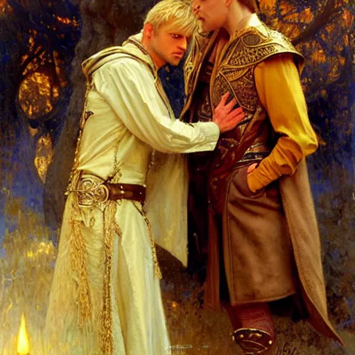 Image similar to attractive arthur pendragon in love with attractive male merlin the mage. they are in love. highly detailed painting by gaston bussiere, craig mullins, j. c. leyendecker