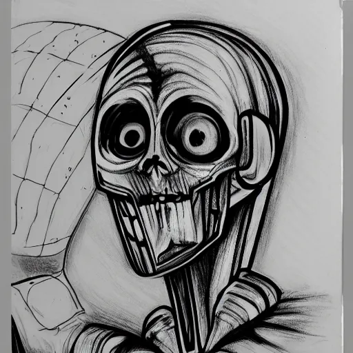 Image similar to a scary horror themed android, drawn with charcoal and pen and ink, half-tone-line-stacking