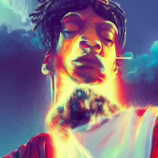 Prompt: a colossal god snoop dog is smoking the clouds, highly detailed, digital painting, artstation, octane render, concept art, matte, sharp focus, illustration, impressionist painting