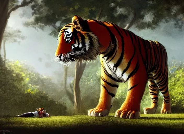 Prompt: a key shot of Tiger looking at bunny animation at mid-day, medium shot, waist up, studio Ghibli, Pixar and Disney animation, sharp, key art by Greg Rutkowski, dramatic lighting, flat texture