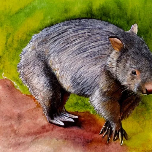 Prompt: A wombat walking on hind legs in the german mountains, water colour