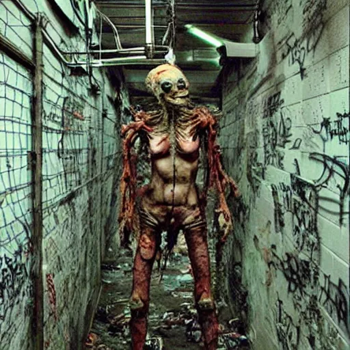 Image similar to “ugly filthy gross fleshy raw meat insectoid cybernetic mummy knight wrapped in barbed wire standing in a filthy dirty small server room covered with graffiti, garbage and networking cables. David Cronenberg. Body horror style. 35mm.”