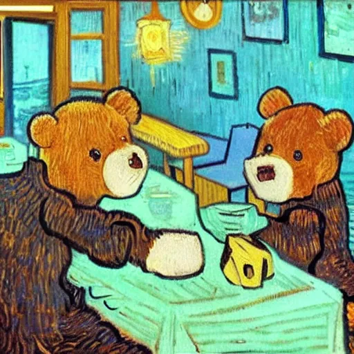 Image similar to teddy bears having a coffe break in a diner in the style of van gogh