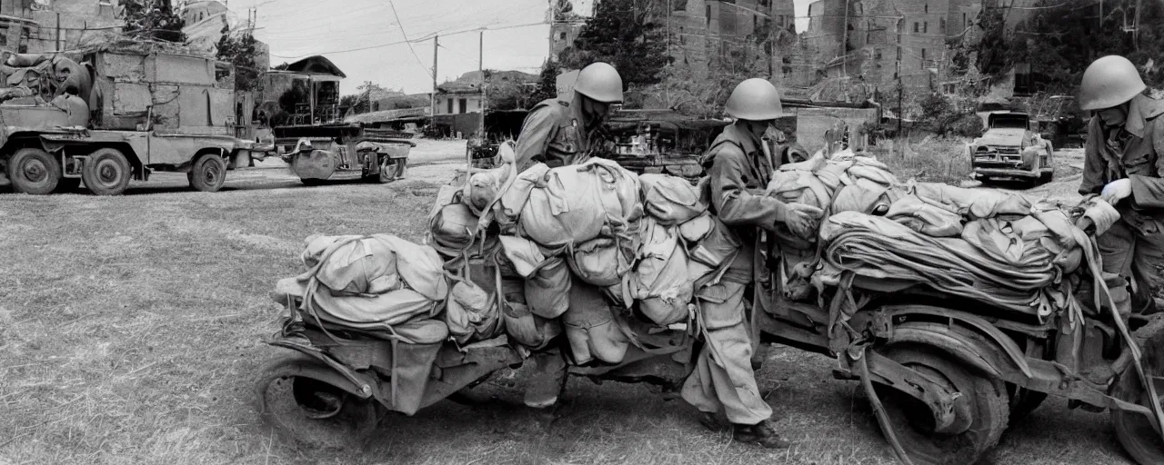 Image similar to transporting spaghetti, world war 2, u. s. army, canon 5 0 mm, kodachrome, in the style of ansel adams, retro