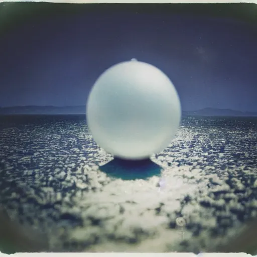 Image similar to tic tac shaped alien vessel hovering over water, real Polaroid photo