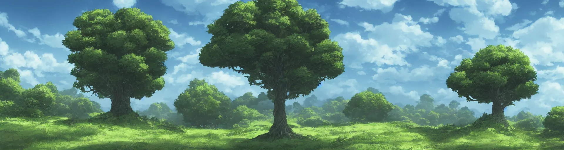 Prompt: a landscape of a single tree with bushes nearby, studio madhouse, castle in the sky, animated, anime, illustrated, gouache, background on artstation