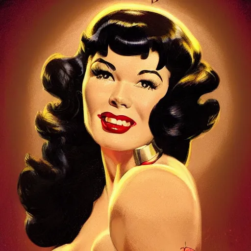 Prompt: portrait of bettie page, intricate, elegant, glowing lights, highly detailed, digital painting, artstation, glamor pose, concept art, smooth, sharp focus, illustration, art by vargas and frank frazetta, gil elvgren, andrew loomis,, arny freytag