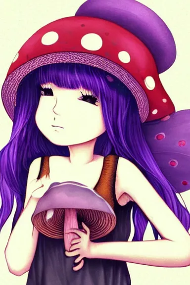 Prompt: a little girl wearing a mushroom hat in dress sitting | | purple curvy hair, pretty face, fine details, digial art by lois van baarle, anatomically correct, perfect composition, symmetrical, fantastic, clean details, anime character